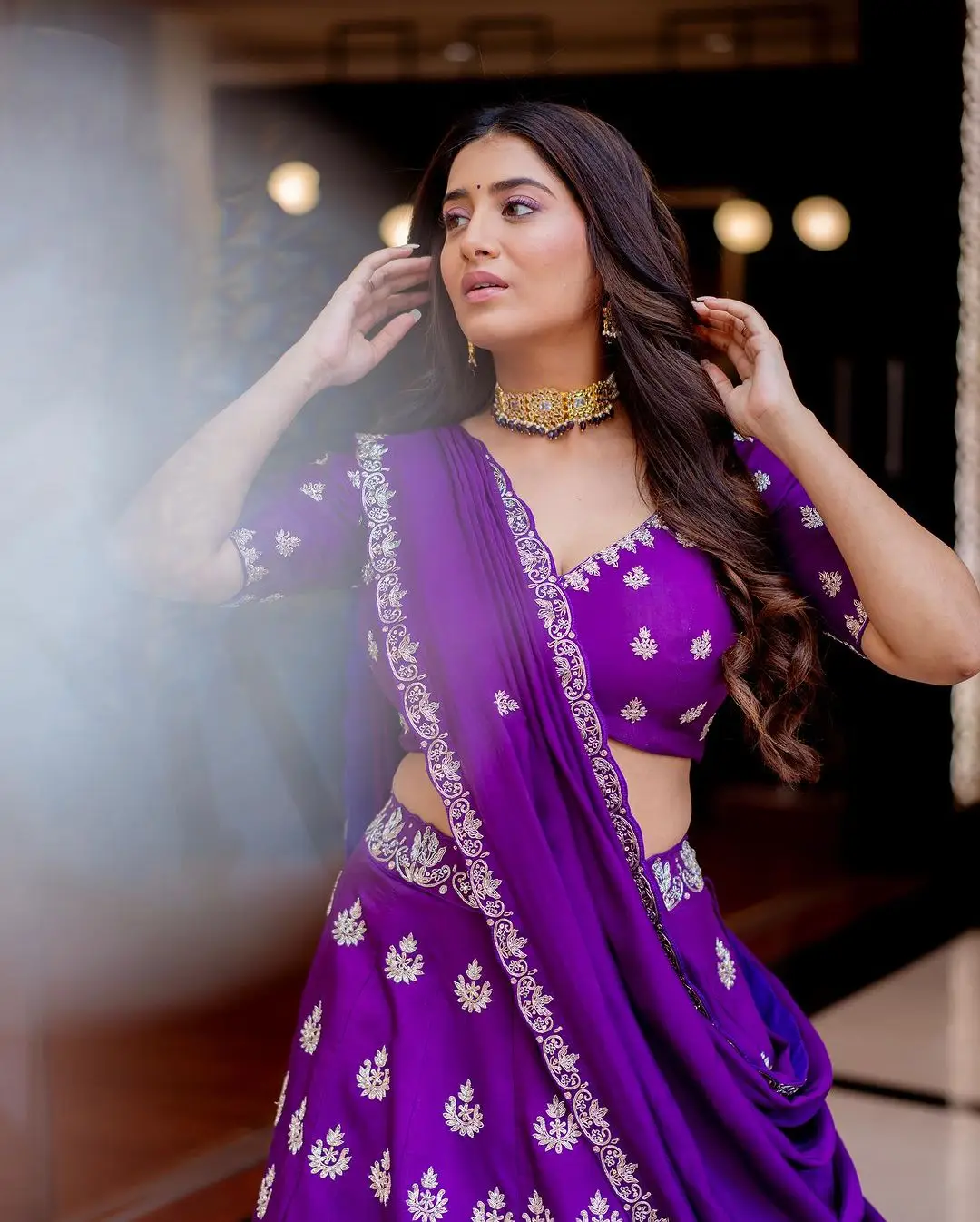 Telugu Actress Rashi Singh Stills in Violet Lehenga Choli